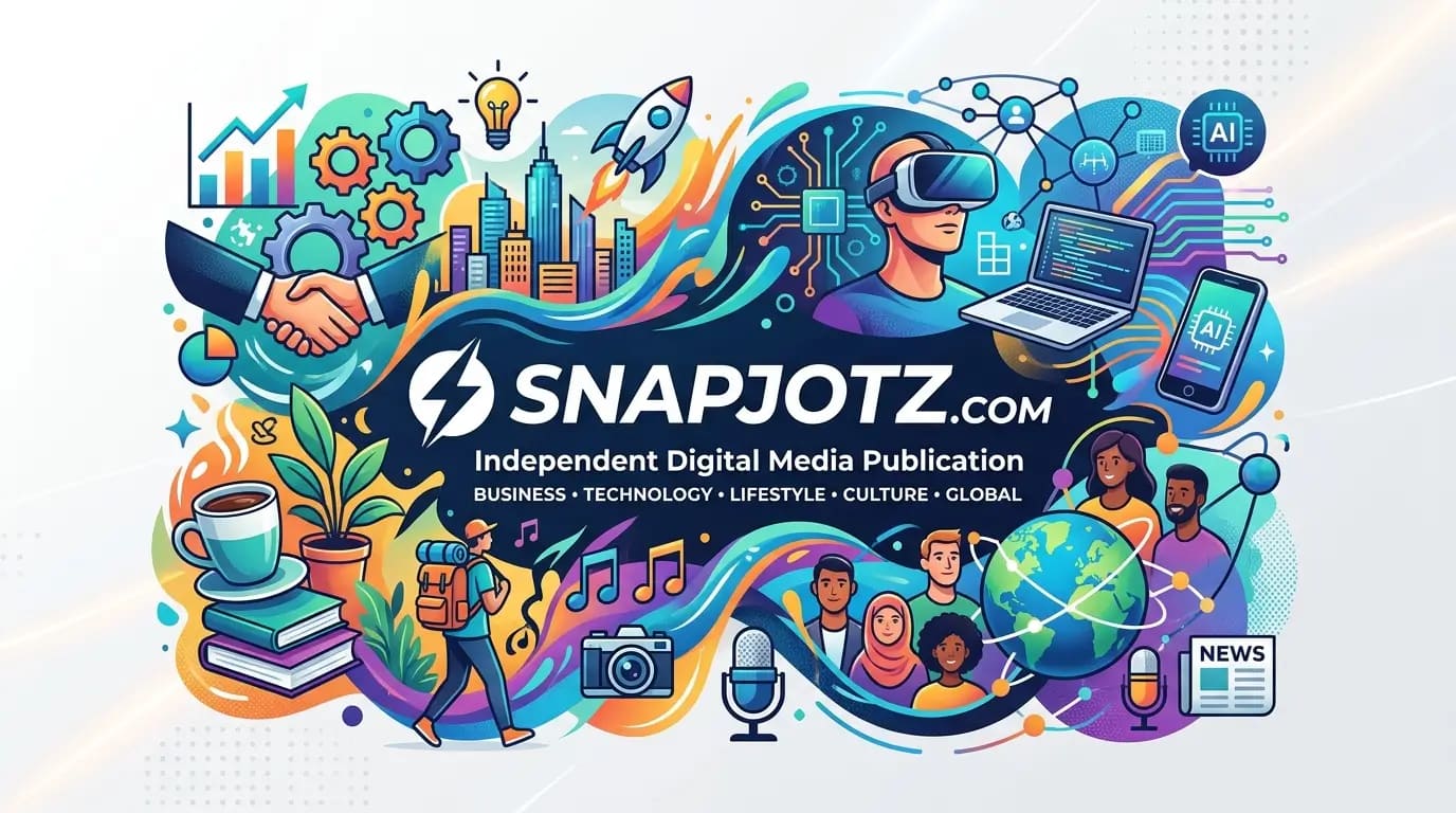Colorful graphic featuring technology, media, and culture elements for Snapjotz.com.
