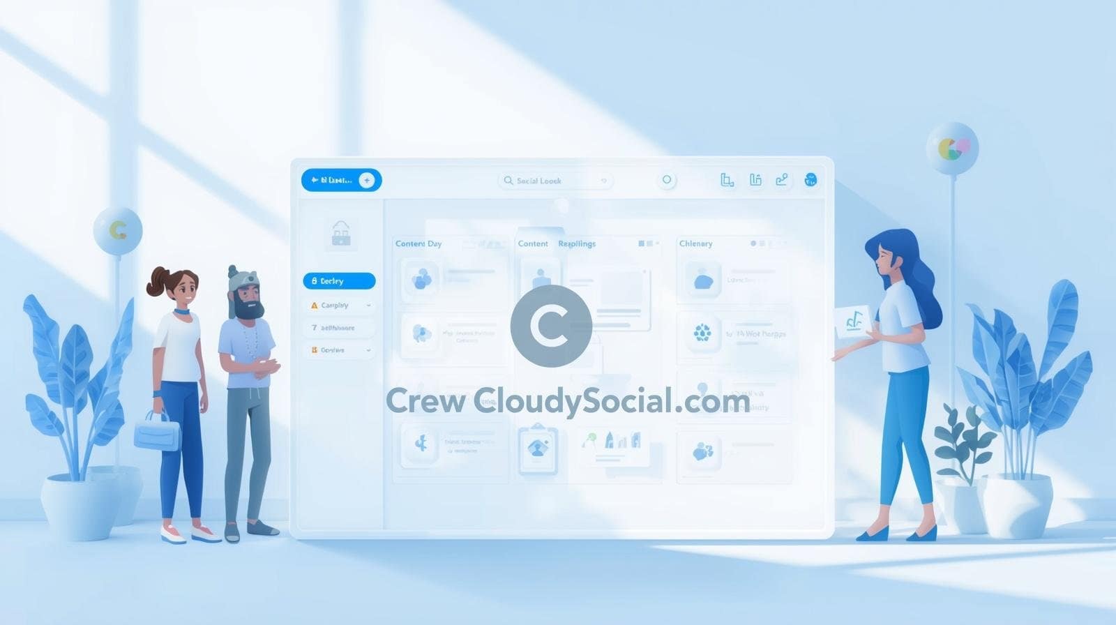 A clean, modern digital workspace showing a social media team collaborating on a shared content calendar dashboard with soft blue and white tones, representing Crew CloudySocial Com team collaboration features.