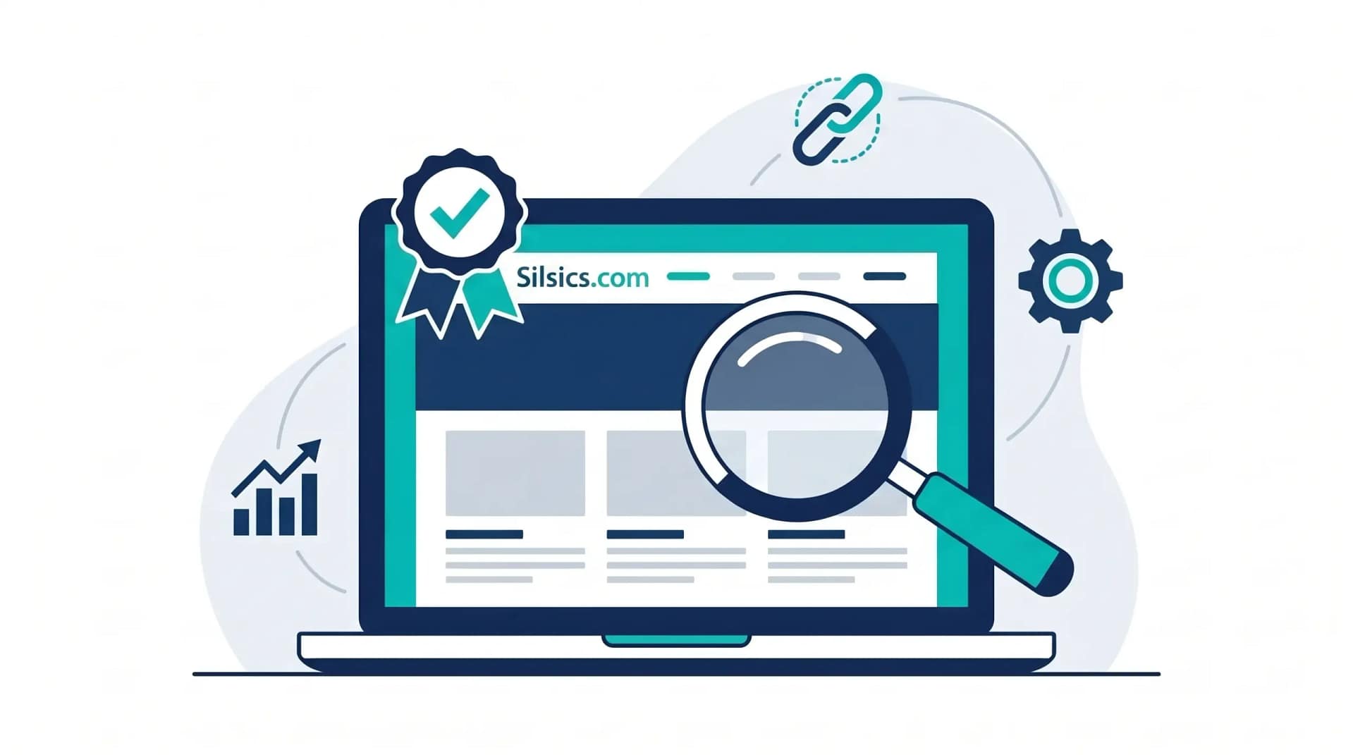 Illustration of a laptop displaying the Silsics.com website with a verification badge and magnifying glass, representing an SEO legitimacy review