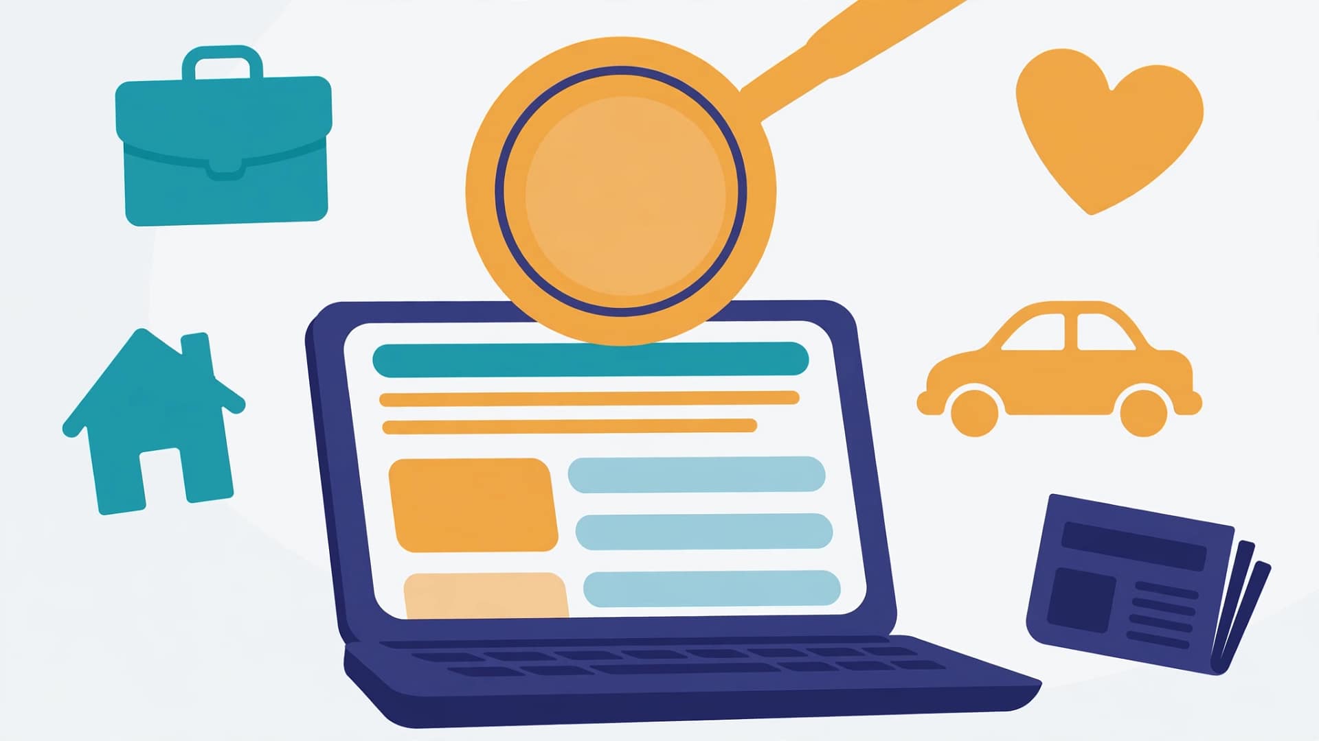 Magnifying glass over a blog page with business, health, home and car icons representing Smokeeva Com
